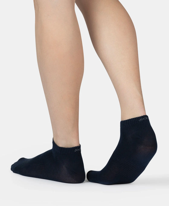 Compact Cotton Elastane Stretch Low Show Socks With StayFresh Treatment - Navy, Grey Melange & Stellar (Pack of 3)