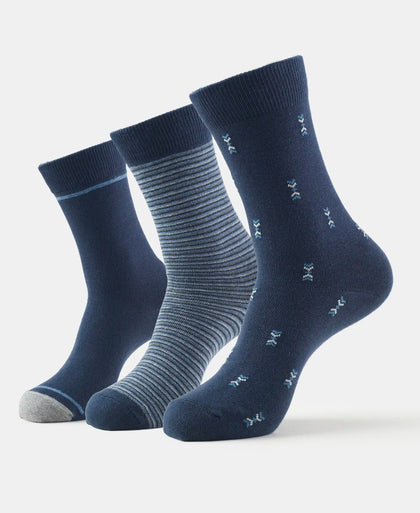 Compact Cotton Elastane Stretch Crew Length Socks with StayFresh Treatment - Navy (Pack of 3)
