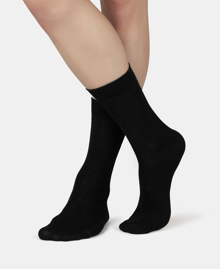 Mercerized Cotton Elastane Stretch Crew Length Socks with StayFresh Treatment - Black (Pack of 2)
