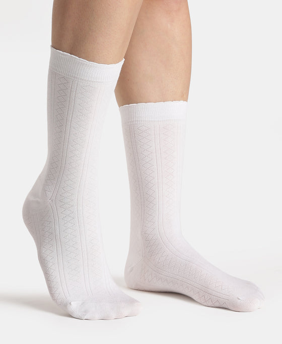 Modal Blend Fabric Scalloped Welt Crew Length Socks with StayFresh Treatment - White