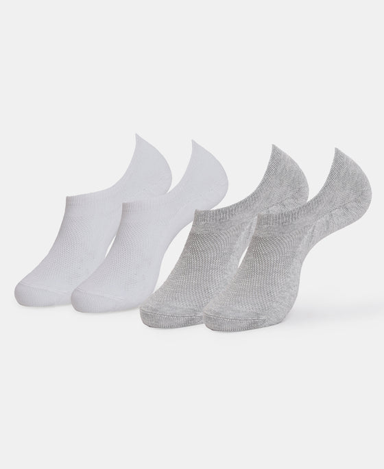 Compact Cotton Stretch No Show Socks with StayFresh Treatment - White & Steel Grey Melange (Pack of 2)