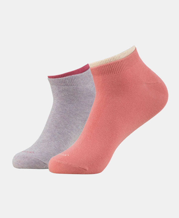 Compact Cotton Stretch Solid Low Show Socks with Stay Fresh Treatment - Cosmic Sky Melange & Rose Wine (Pack of 2)