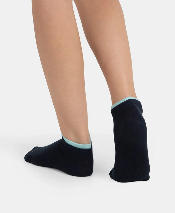 Compact Cotton Stretch Solid Low Show Socks with Stay Fresh Treatment - Pastel Turquoise & Navy (Pack of 2)