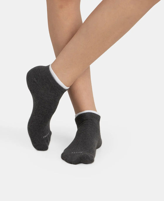 Compact Cotton Stretch Solid Low Show Socks with Stay Fresh Treatment - White & Charcoal Melange (Pack of 2)