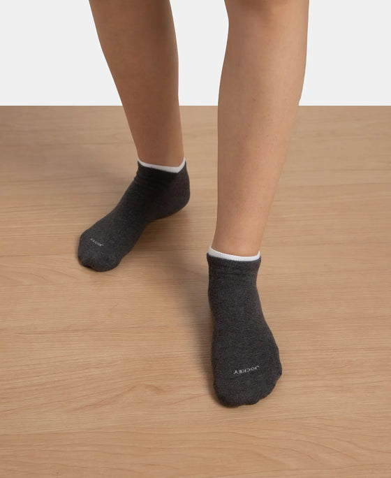 Compact Cotton Stretch Solid Low Show Socks with Stay Fresh Treatment - White & Charcoal Melange (Pack of 2)