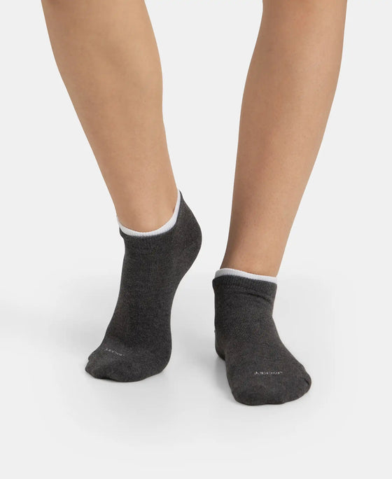 Compact Cotton Stretch Solid Low Show Socks with Stay Fresh Treatment - White & Charcoal Melange (Pack of 2)