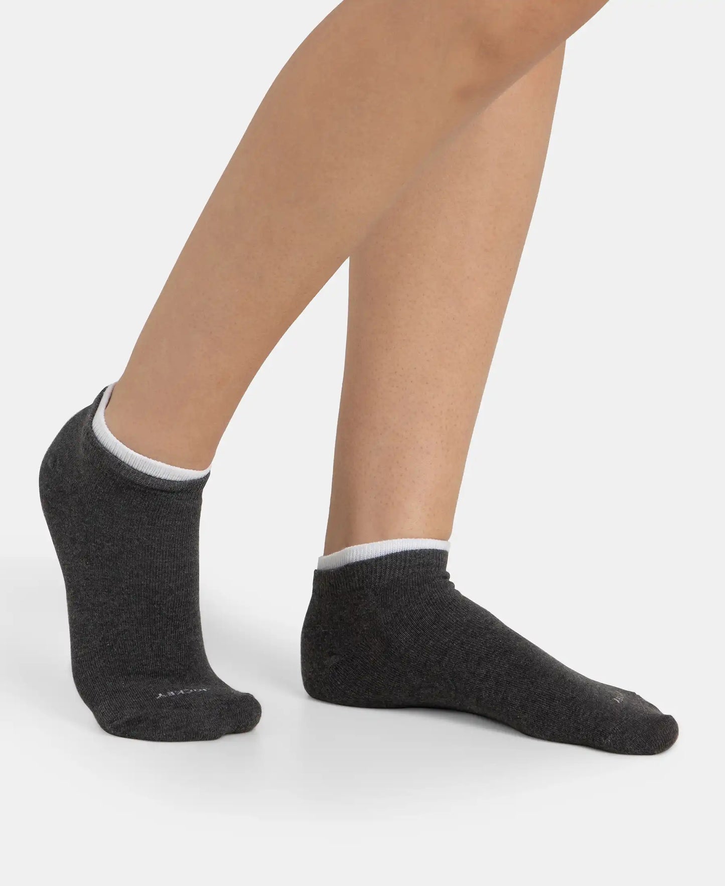 Compact Cotton Stretch Solid Low Show Socks with Stay Fresh Treatment - White & Charcoal Melange (Pack of 2)