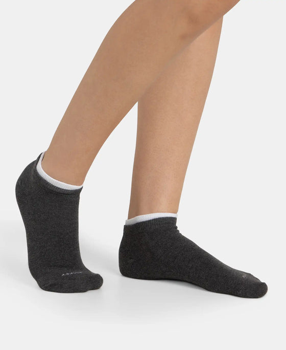 Compact Cotton Stretch Solid Low Show Socks with Stay Fresh Treatment - White & Charcoal Melange (Pack of 2)
