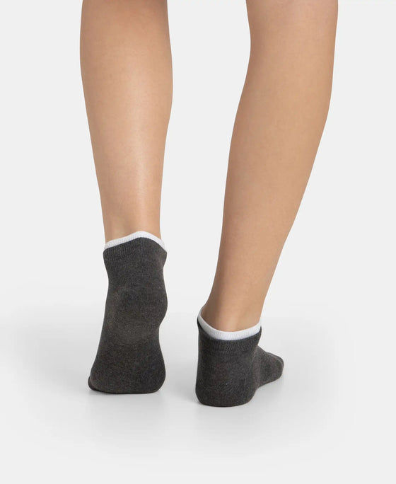 Compact Cotton Stretch Solid Low Show Socks with Stay Fresh Treatment - White & Charcoal Melange (Pack of 2)