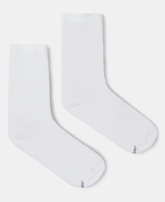 Kid's Compact Cotton Stretch Solid Calf Length Socks With StayFresh Treatment - White (Pack of 2)