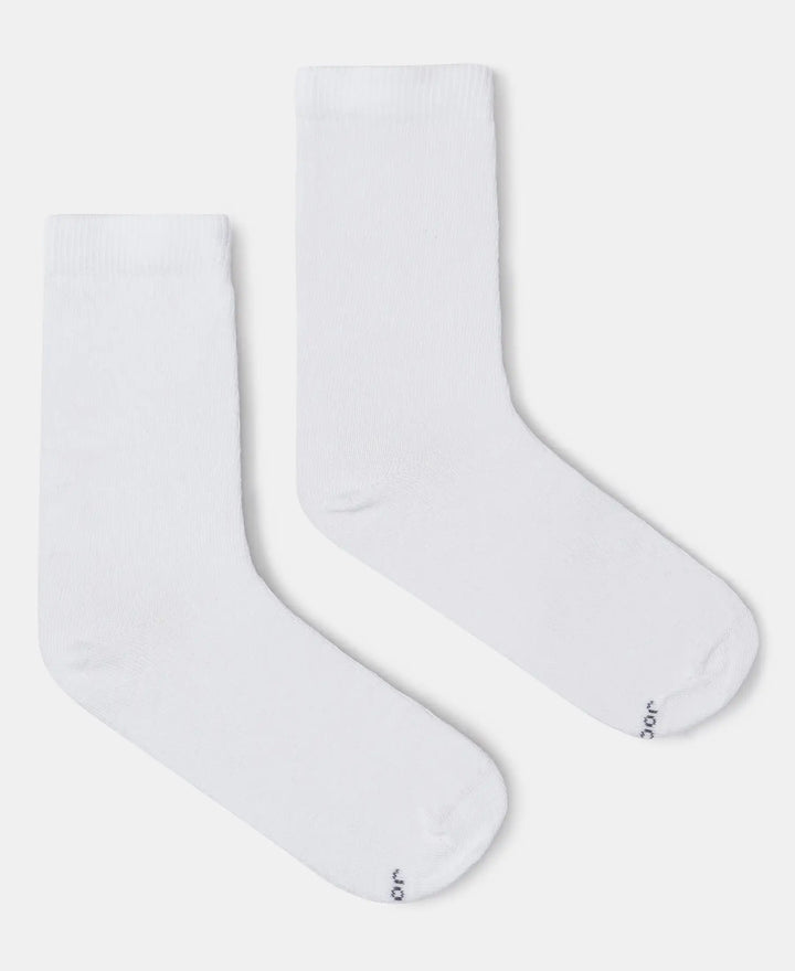Kid's Compact Cotton Stretch Solid Calf Length Socks With StayFresh Treatment - White (Pack of 2)