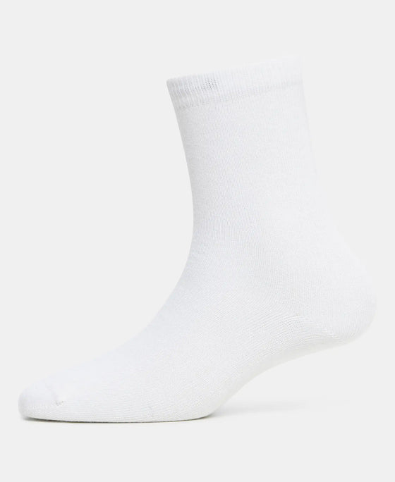 Kid's Compact Cotton Stretch Solid Calf Length Socks With StayFresh Treatment - White (Pack of 2)