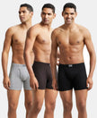 Super Combed Cotton Rib Solid Boxer Brief with Ultrasoft and Durable Waistband - Black/Grey Melange/Brown (Pack of 3)