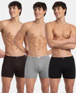 Super Combed Cotton Rib Solid Boxer Brief with Ultrasoft and Durable Waistband - Black/Grey Melange/Brown (Pack of 3)