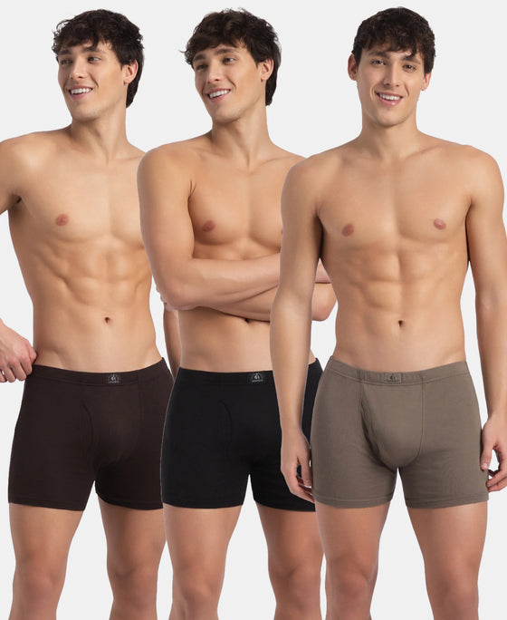 Super Combed Cotton Rib Solid Boxer Brief with Ultrasoft and Durable Waistband - Black, Dark Khaki & Brown (Pack of 3)