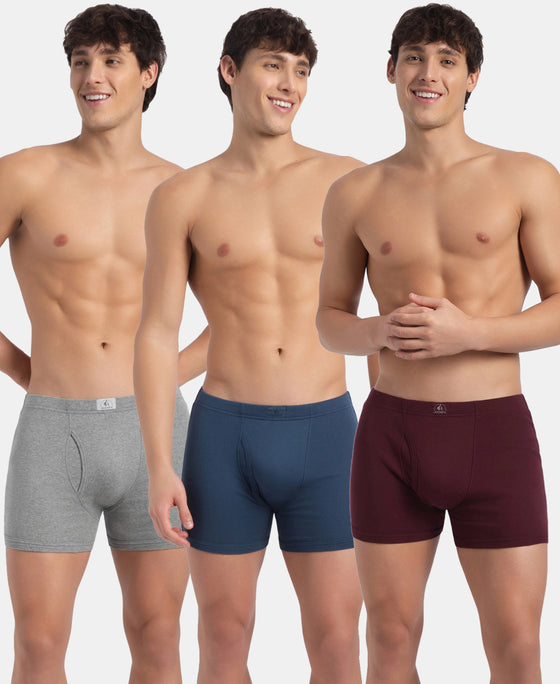 Super Combed Cotton Rib Solid Boxer Brief with Ultrasoft and Durable Waistband - Grey Melange, Port Royale & Dark Denim (Pack of 3)