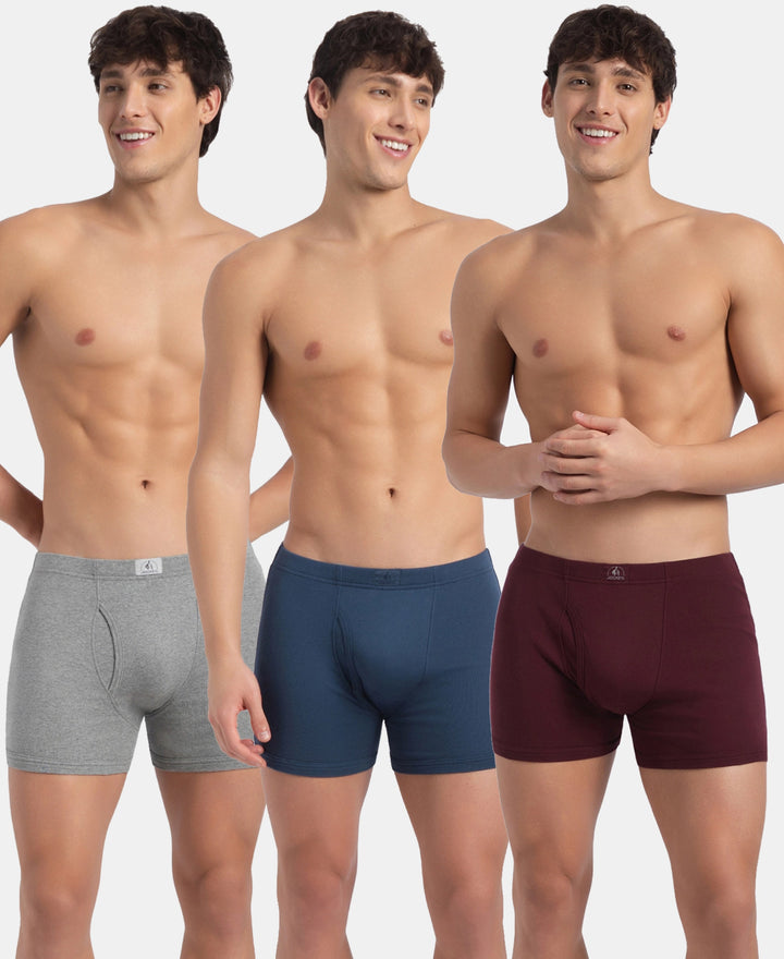 Super Combed Cotton Rib Solid Boxer Brief with Ultrasoft and Durable Waistband - Grey Melange, Port Royale & Dark Denim (Pack of 3)