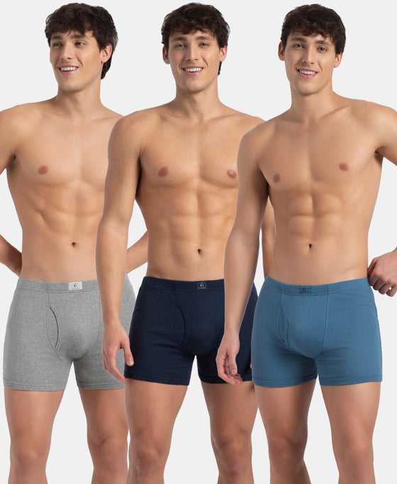 Super Combed Cotton Rib Solid Boxer Brief with Ultrasoft and Durable Waistband - Navy, Stellar & Grey Melange (Pack of 3)