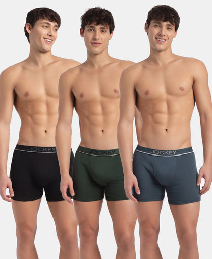 Super Combed Cotton Rib Solid Boxer Brief with Ultrasoft and Durable Waistband - Black, Deep Forest & Deep Slate (Pack of 3)