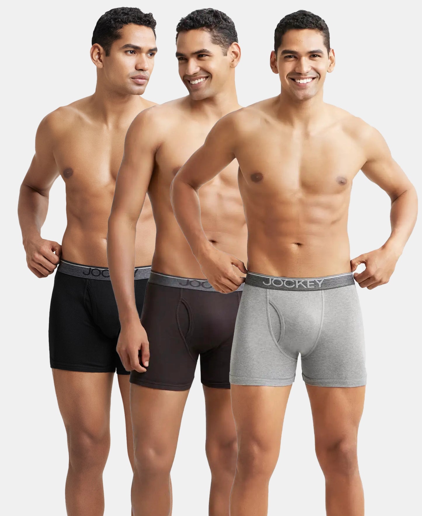 Super Combed Cotton Rib Solid Boxer Brief with Ultrasoft and Durable Waistband - Black/Grey Melange/Brown (Pack of 3)