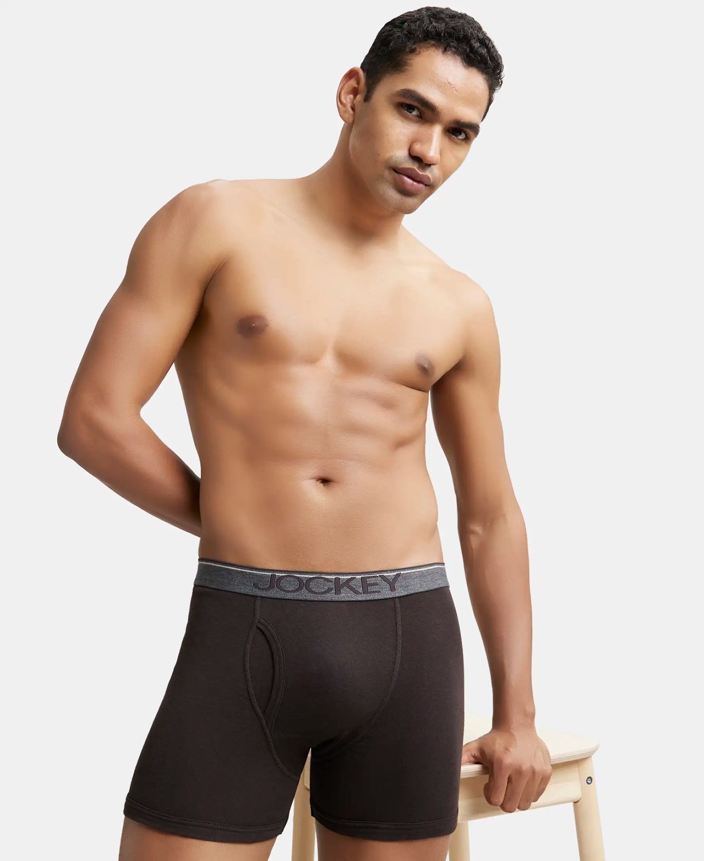 Super Combed Cotton Rib Solid Boxer Brief with Ultrasoft and Durable Waistband - Black/Grey Melange/Brown (Pack of 3)