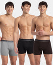 Super Combed Cotton Rib Solid Boxer Brief with Ultrasoft and Durable Waistband - Black/Grey Melange/Brown (Pack of 3)