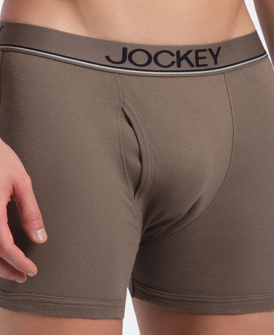 Super Combed Cotton Rib Solid Boxer Brief with Ultrasoft and Durable Waistband - Black, Dark Khaki & Brown (Pack of 3)