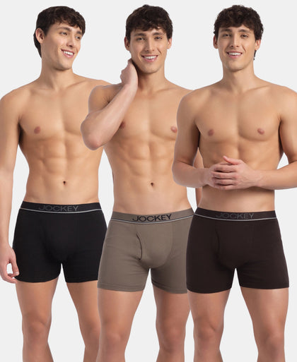 Super Combed Cotton Rib Solid Boxer Brief with Ultrasoft and Durable Waistband - Black, Dark Khaki & Brown (Pack of 3)