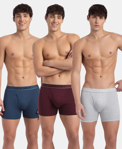 Super Combed Cotton Rib Solid Boxer Brief with Ultrasoft and Durable Waistband - Grey Melange, Port Royale & Dark Denim (Pack of 3)