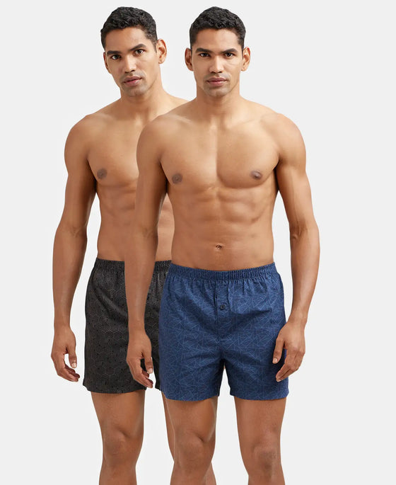 Super Combed Mercerized Cotton Woven Printed Inner Boxers with Ultrasoft and Durable Inner Waistband - Black & Navy 1 (Pack of 2)