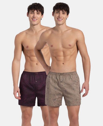 Super Combed Mercerized Cotton Woven Printed Inner Boxers with Ultrasoft and Durable Inner Waistband - Desert Taupe & Mauve Wine (Pack of 2)