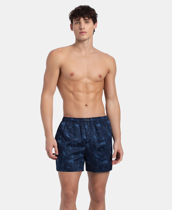 Super Combed Mercerized Cotton Woven Printed Inner Boxers with Ultrasoft and Durable Inner Waistband - Navy & Pewter (Pack of 2)