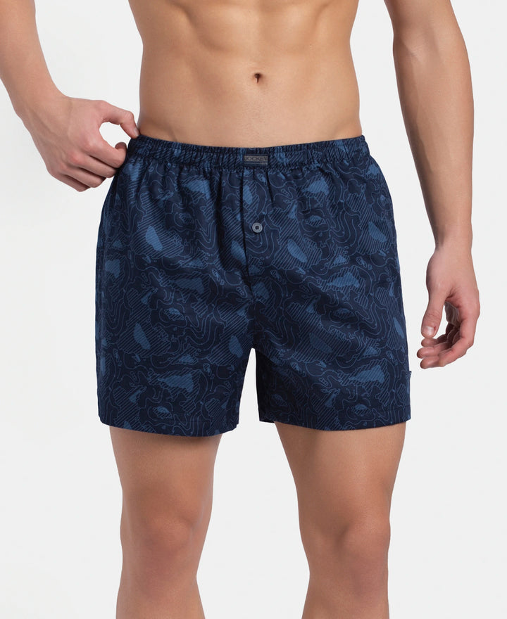 Super Combed Mercerized Cotton Woven Printed Inner Boxers with Ultrasoft and Durable Inner Waistband - Navy & Pewter (Pack of 2)