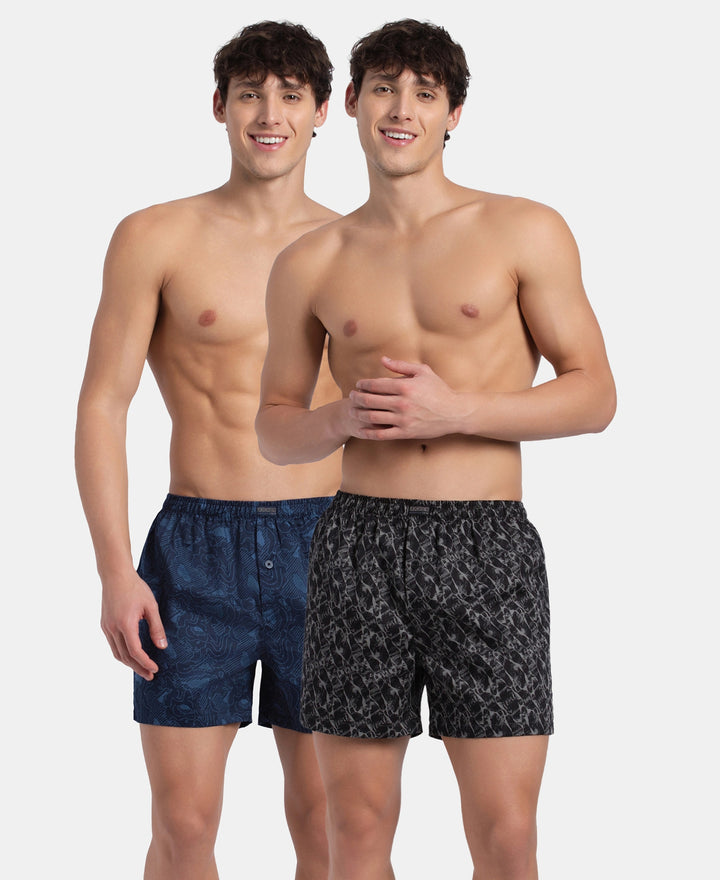 Super Combed Mercerized Cotton Woven Printed Inner Boxers with Ultrasoft and Durable Inner Waistband - Navy & Pewter (Pack of 2)