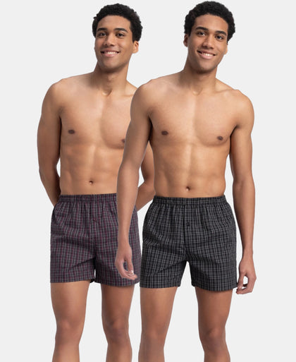 Super Combed Mercerized Cotton Woven Checkered Inner Boxers with Ultrasoft and Durable Inner Waistband - Mauve Wine & Black (Pack of 2)
