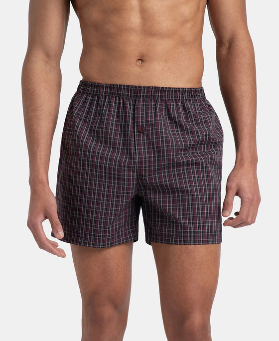 Super Combed Mercerized Cotton Woven Checkered Inner Boxers with Ultrasoft and Durable Inner Waistband - Black & Mauve Wine New (Pack of 2)