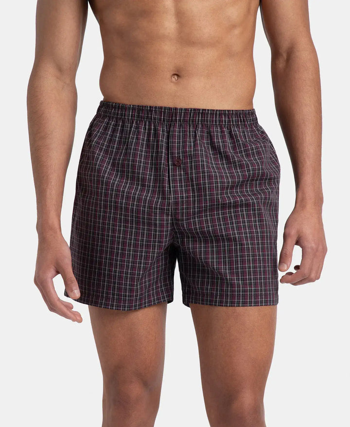 Super Combed Mercerized Cotton Woven Checkered Inner Boxers with Ultrasoft and Durable Inner Waistband - Black & Mauve Wine New (Pack of 2)