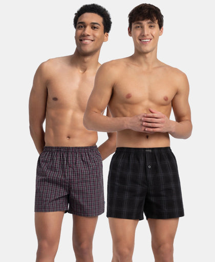 Super Combed Mercerized Cotton Woven Checkered Inner Boxers with Ultrasoft and Durable Inner Waistband - Black & Mauve Wine New (Pack of 2)