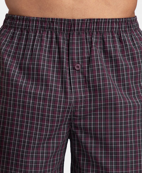 Super Combed Mercerized Cotton Woven Checkered Inner Boxers with Ultrasoft and Durable Inner Waistband - Black & Mauve Wine New (Pack of 2)