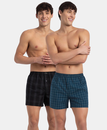 Super Combed Mercerized Cotton Woven Checkered Inner Boxers with Ultrasoft and Durable Inner Waistband - Black & Seaport Teal New (Pack of 2)