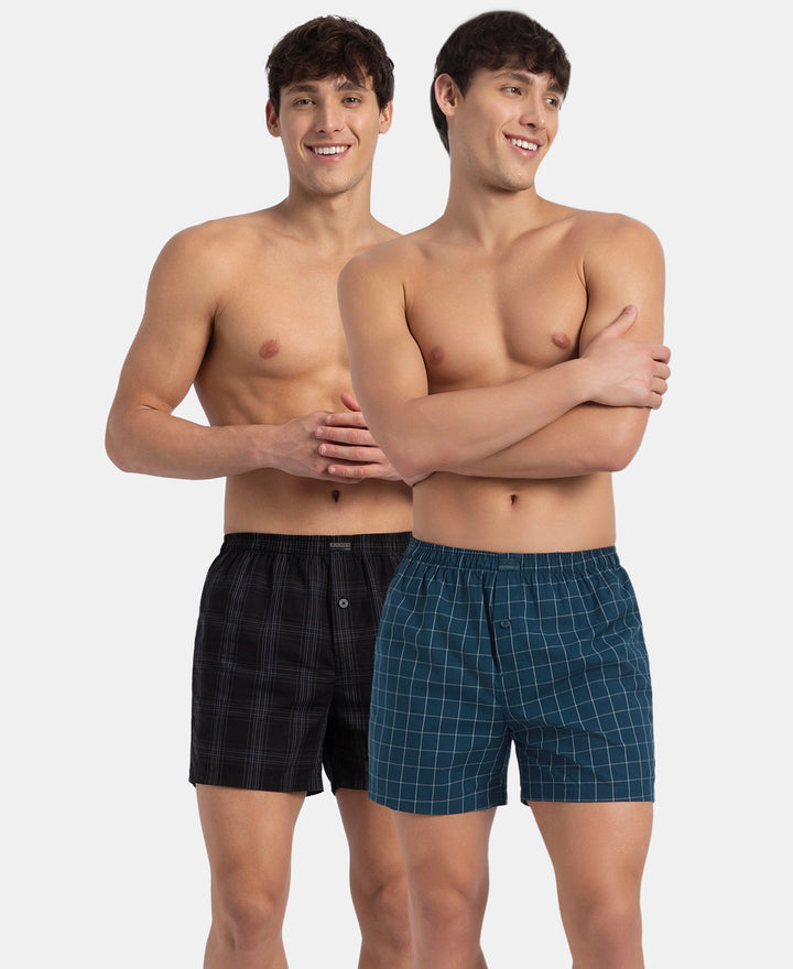 Super Combed Mercerized Cotton Woven Checkered Inner Boxers with Ultrasoft and Durable Inner Waistband - Black & Seaport Teal New (Pack of 2)
