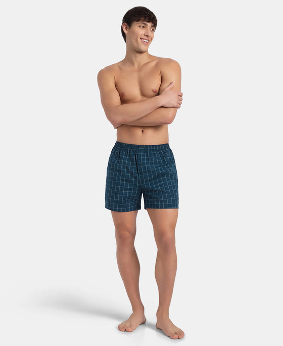 Super Combed Mercerized Cotton Woven Checkered Inner Boxers with Ultrasoft and Durable Inner Waistband - Black & Seaport Teal New (Pack of 2)