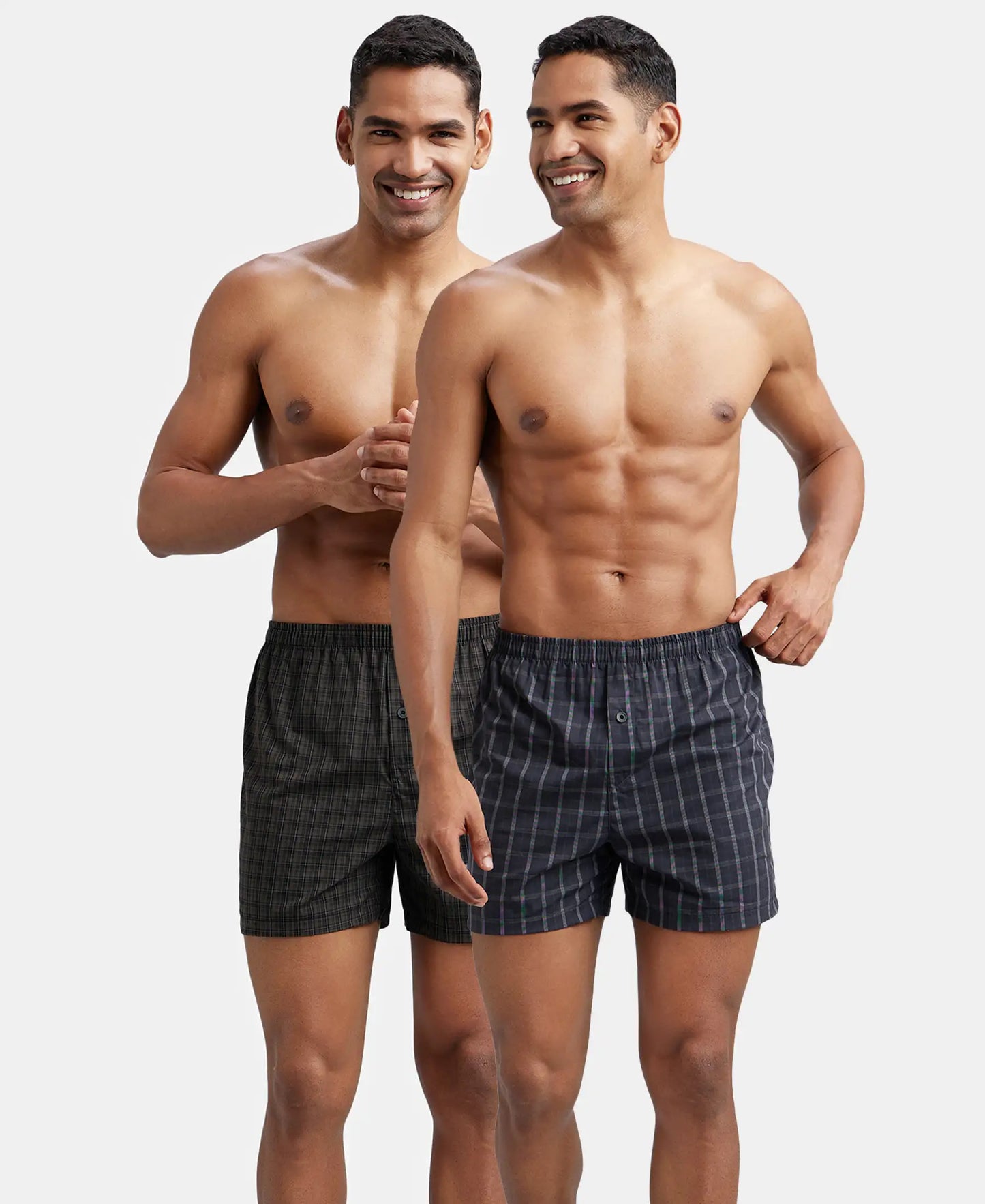 Super Combed Mercerized Cotton Woven Checkered Inner Boxers with Ultrasoft and Durable Inner Waistband - Deep Olive & Grey (Pack of 2)