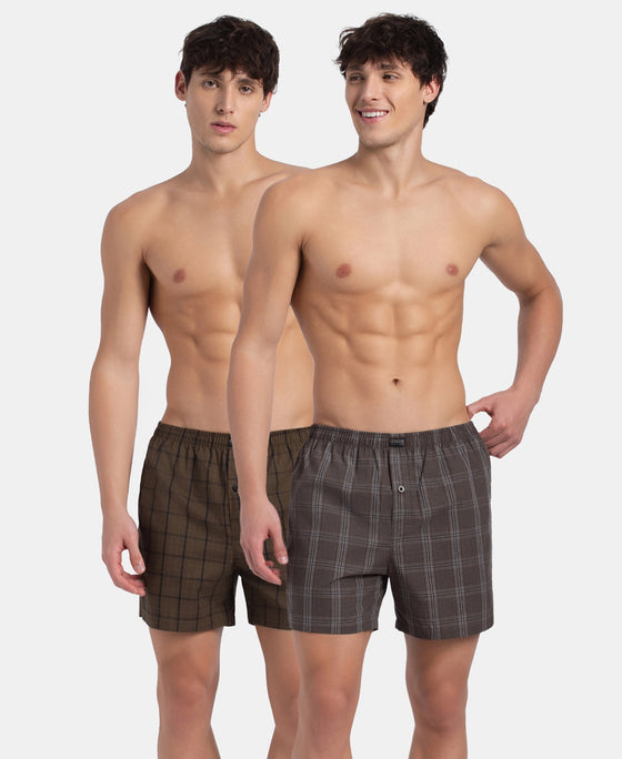 Super Combed Mercerized Cotton Woven Checkered Inner Boxers with Ultrasoft and Durable Inner Waistband - Dark Khaki & Sepia (Pack of 2)