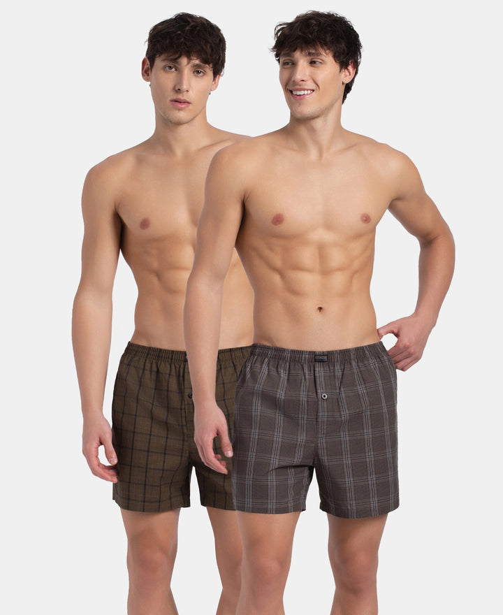 Super Combed Mercerized Cotton Woven Checkered Inner Boxers with Ultrasoft and Durable Inner Waistband - Dark Khaki & Sepia (Pack of 2)