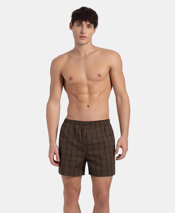 Super Combed Mercerized Cotton Woven Checkered Inner Boxers with Ultrasoft and Durable Inner Waistband - Dark Khaki & Sepia (Pack of 2)
