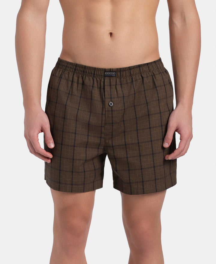 Super Combed Mercerized Cotton Woven Checkered Inner Boxers with Ultrasoft and Durable Inner Waistband - Dark Khaki & Sepia (Pack of 2)
