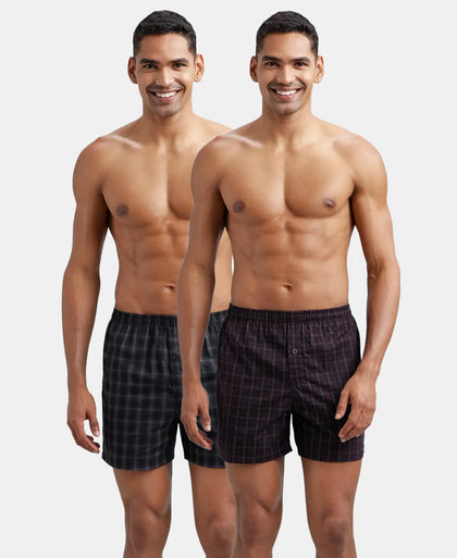 Super Combed Mercerized Cotton Woven Checkered Inner Boxers with Ultrasoft and Durable Inner Waistband - Black & Mauve Wine (Pack of 2)