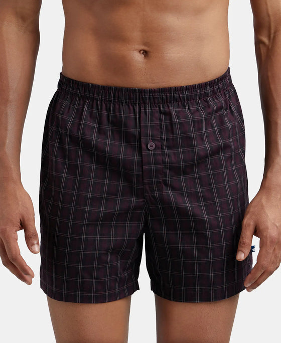 Super Combed Mercerized Cotton Woven Checkered Inner Boxers with Ultrasoft and Durable Inner Waistband - Black & Mauve Wine (Pack of 2)