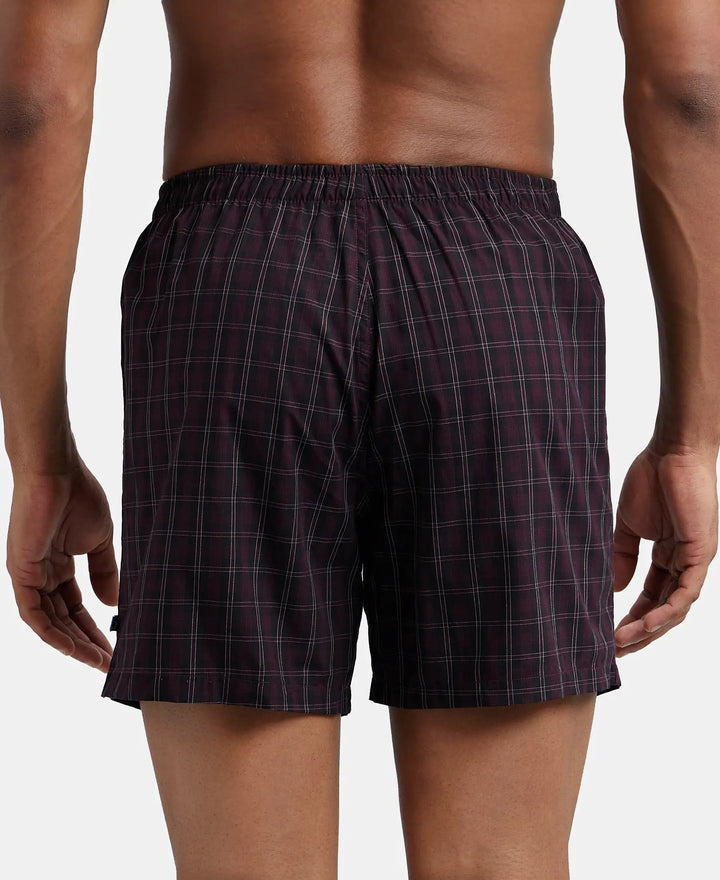 Super Combed Mercerized Cotton Woven Checkered Inner Boxers with Ultrasoft and Durable Inner Waistband - Black & Mauve Wine (Pack of 2)